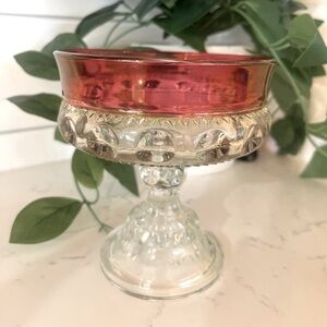 Vintage 1950’s Cranberry King’s Crown Pedestal Dish. 4.5” Glass | Patterned